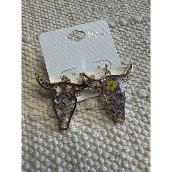 MULTI COLOR STEER PRESSED FLOWER GOLDTONE EARRINGS - Picture 3 of 4
